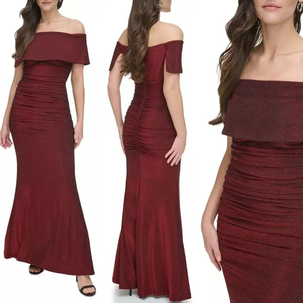 New! Vince Camuto Red Off-The-Shoulder Ruched Formal Dress Gown 22426
